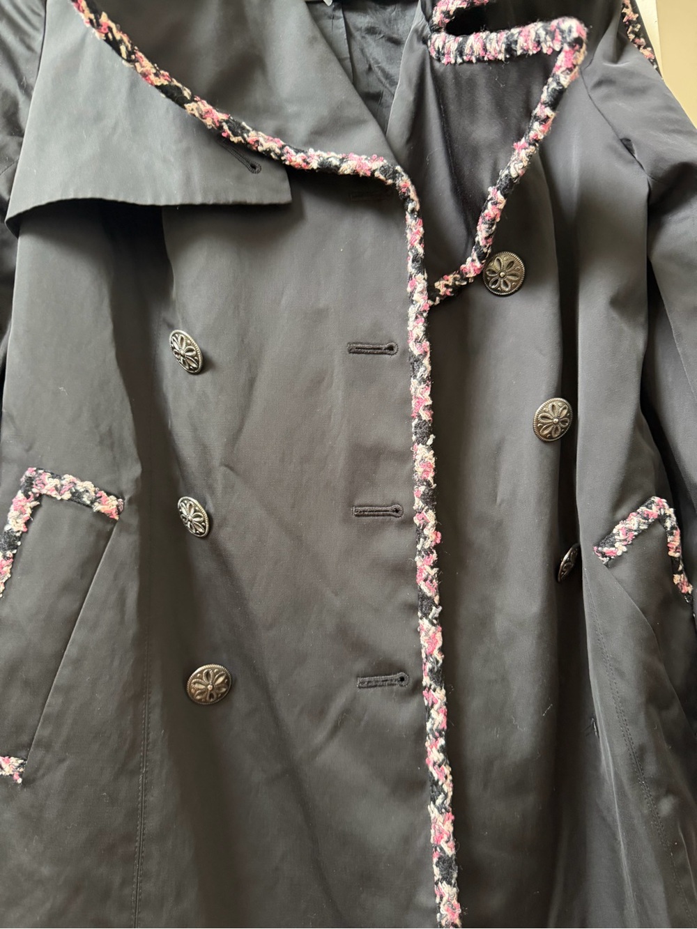 INC International Concepts Black Trench Coat with Pink Floral Trim - Picture 2 of 8